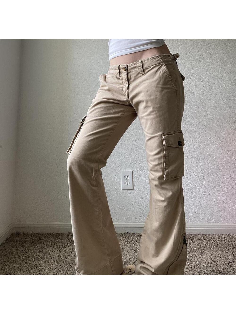 Vintage authentic rare y2k low rise bootcut flare cream khaki cargo pants - Picture 5 of 8